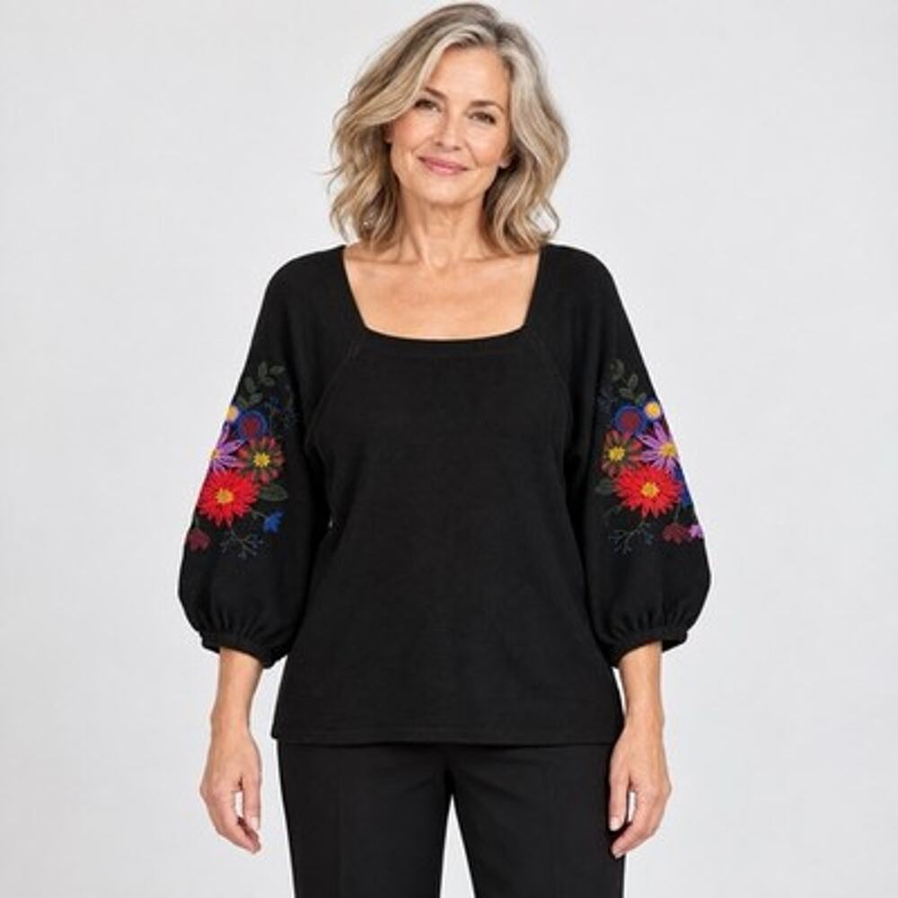 The Pioneer Woman 2X Floral Embroidered Balloon Sleeve Sweater Square neck Boho